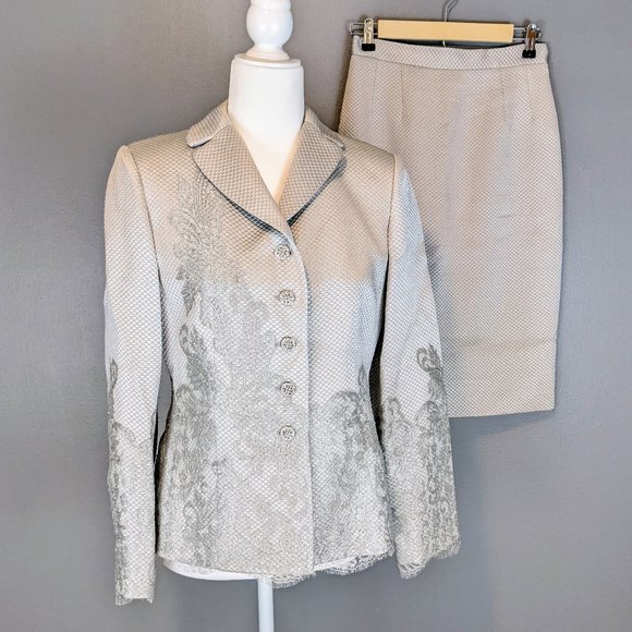 Teri Jon Jackets & Blazers - Teri Jon Rickie Freeman for TJ Nites silver blue skirt suit set silk wool blend